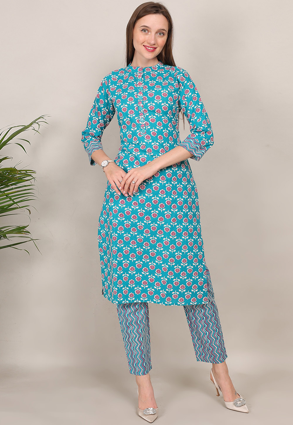 Sky Blue Cotton Kurta Set With Pant 309981