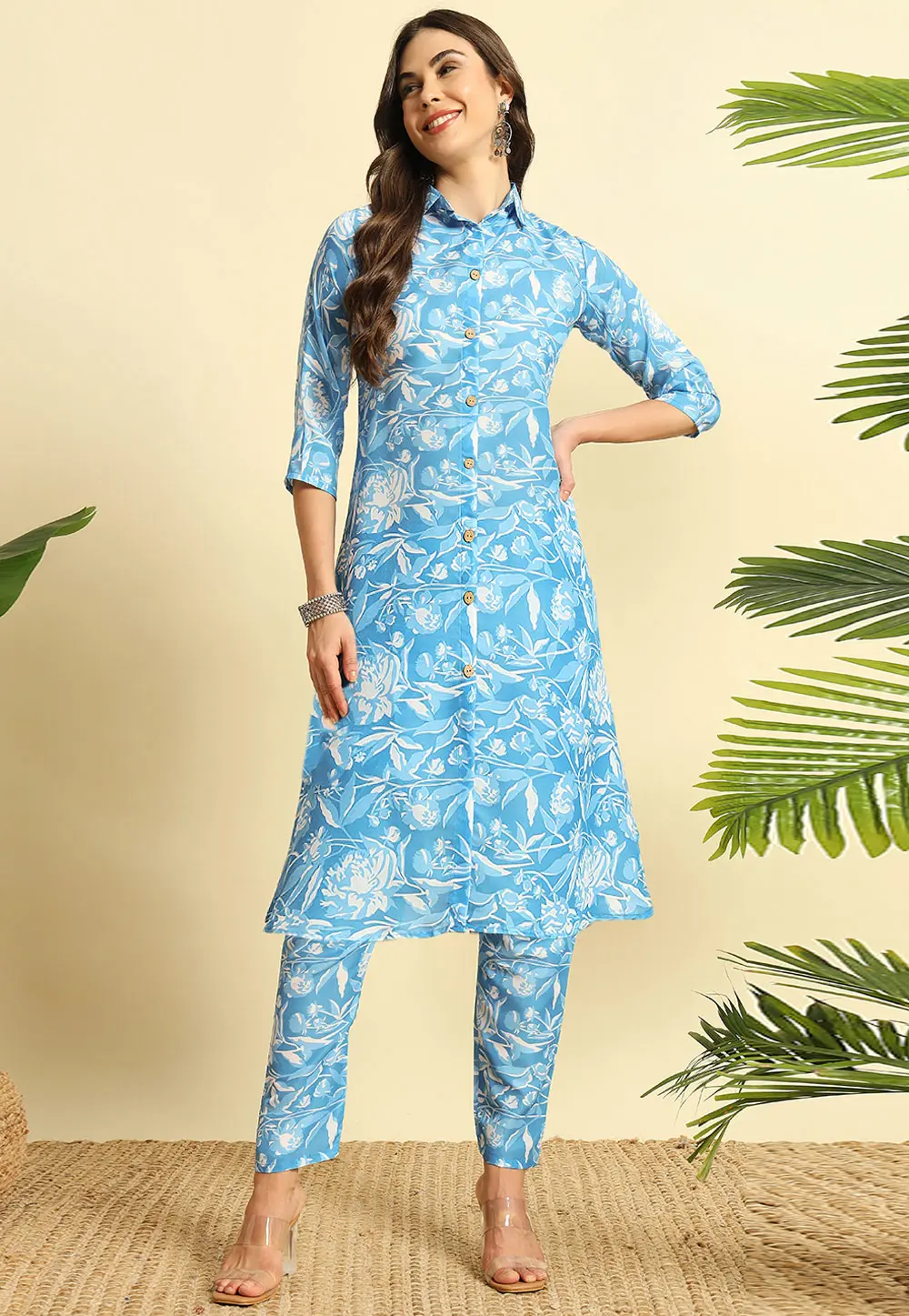 Sky Blue Cotton Kurta Set With Pent 301388