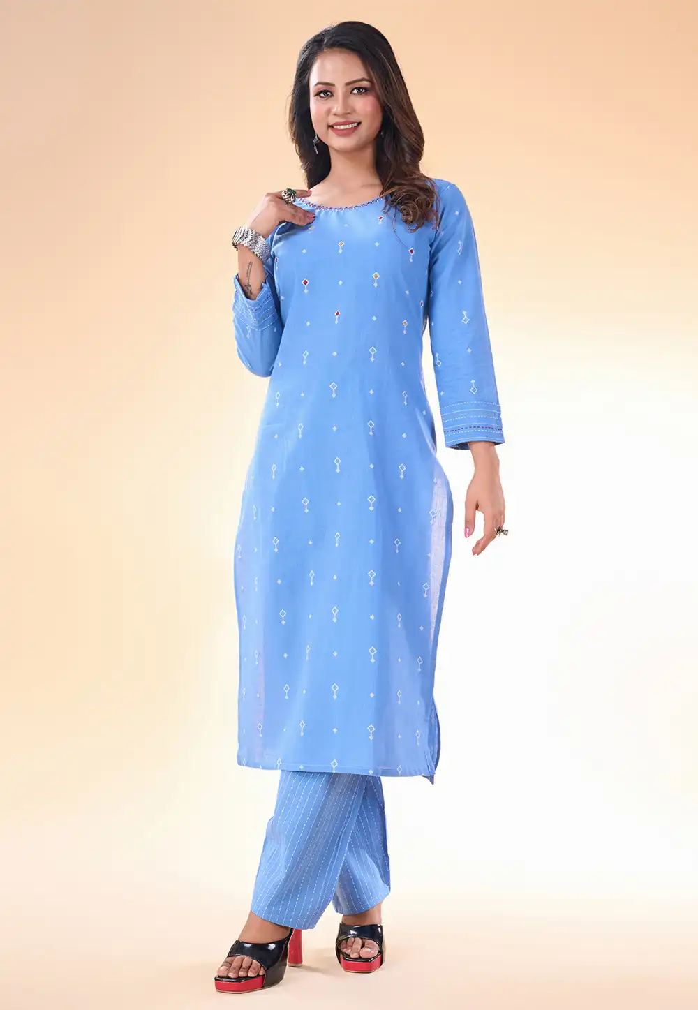 Sky Blue Cotton Kurta Set With Pent 287974