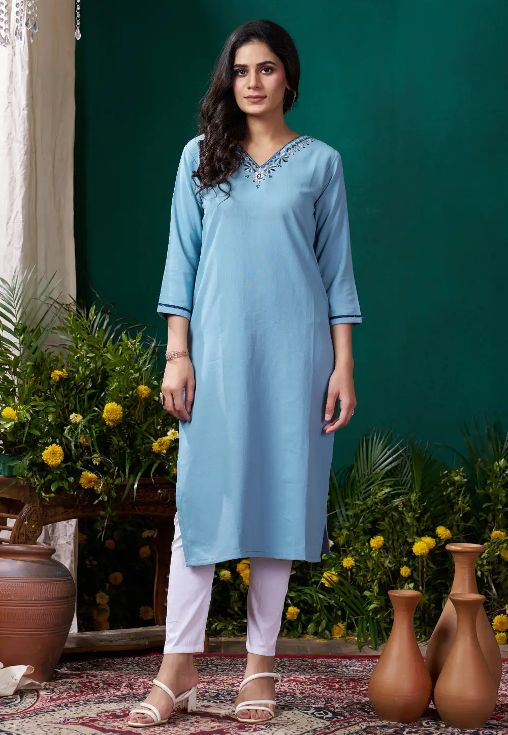 Sky Blue Cotton Kurta Set With Pent 295220