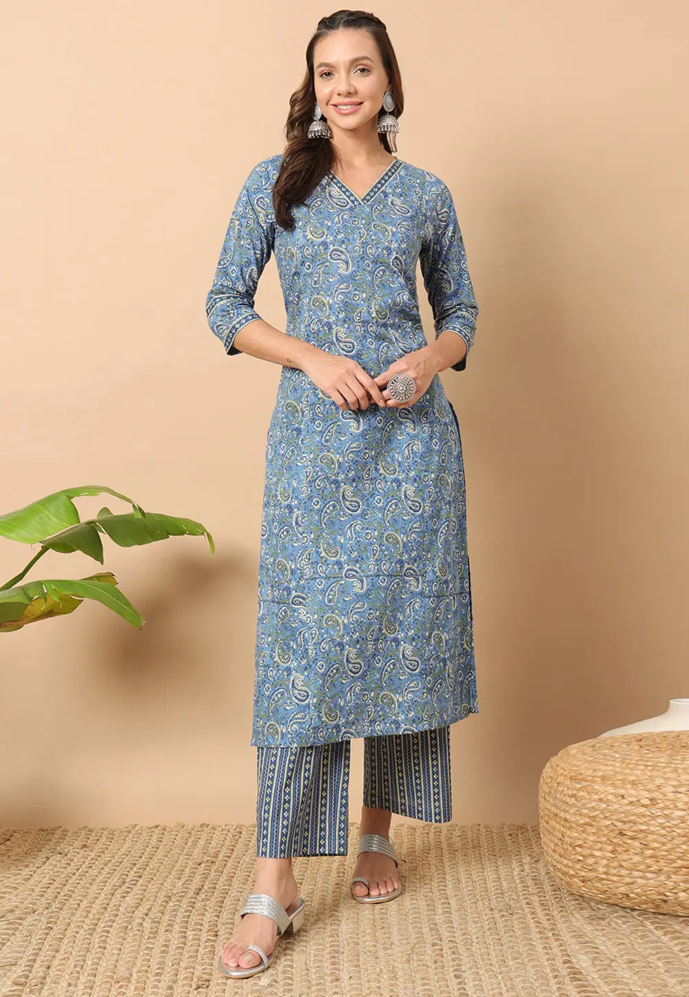 Sky Blue Cotton Kurta Set With Pent 301376