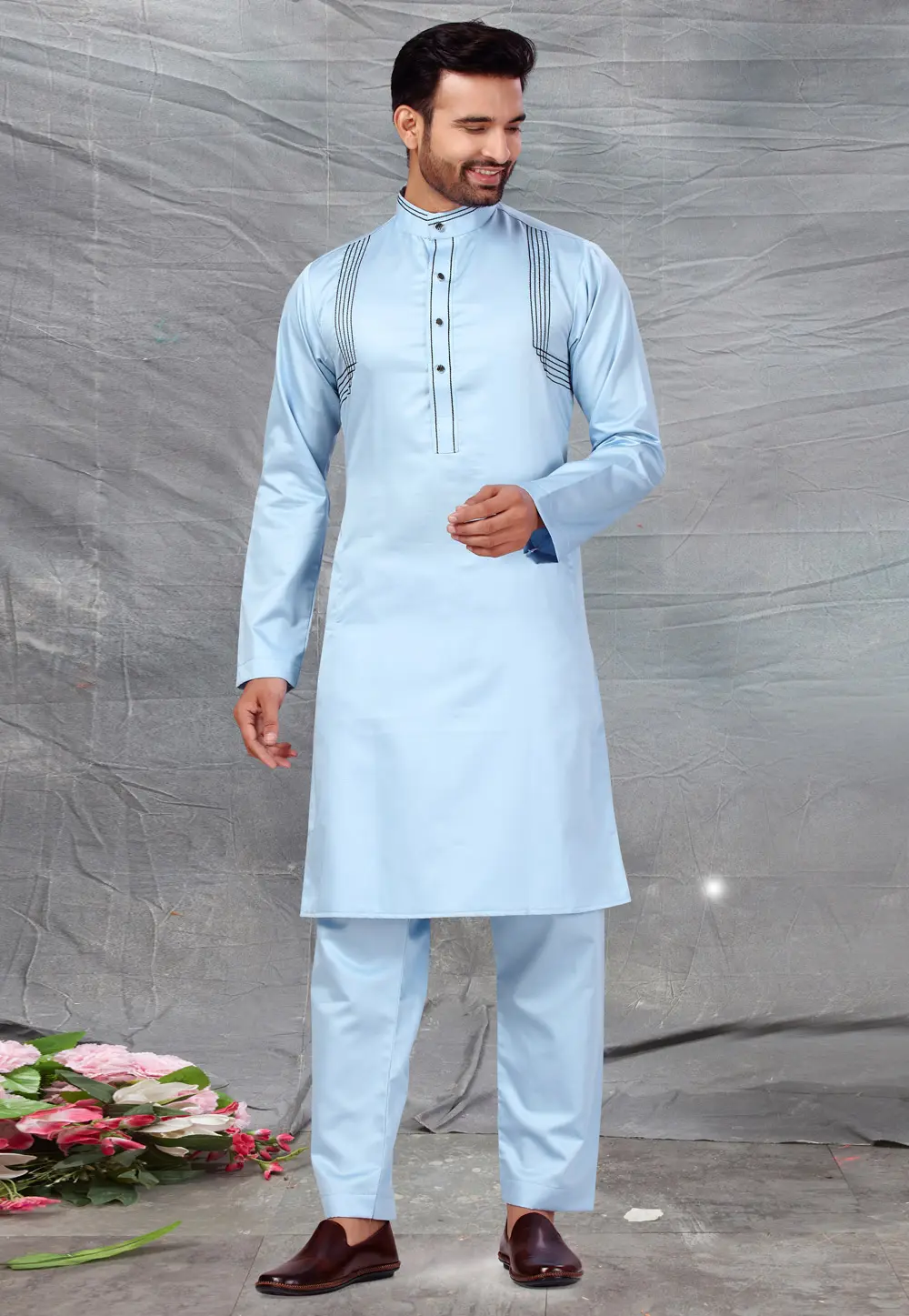 Sky Blue Cotton Pathani Suit 300232