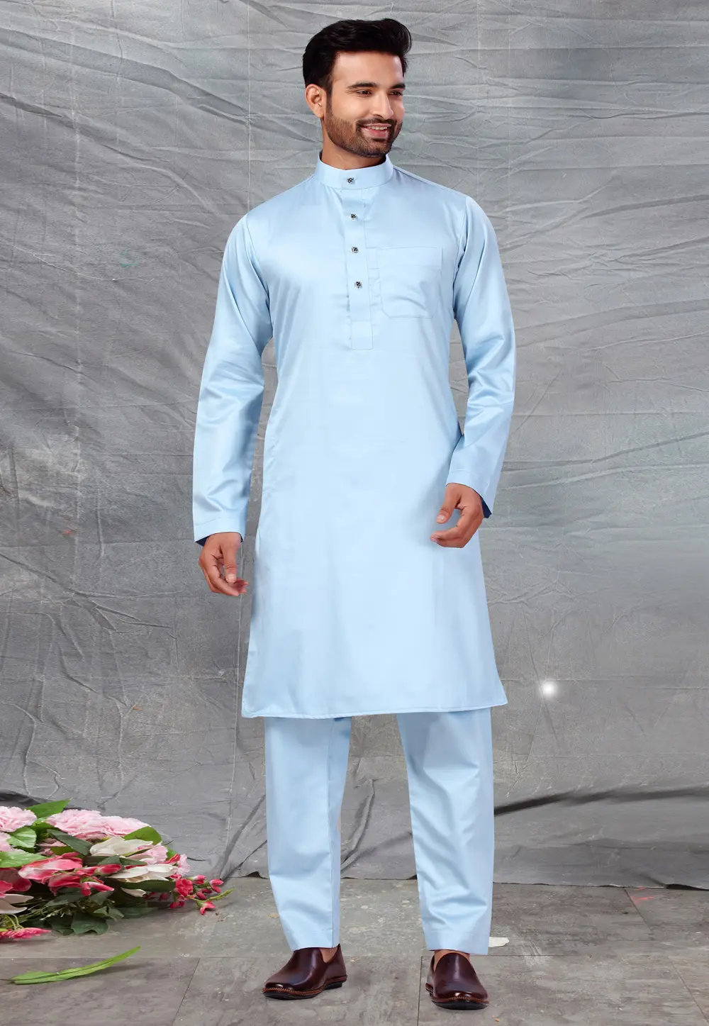 Sky Blue Cotton Pathani Suit 300233