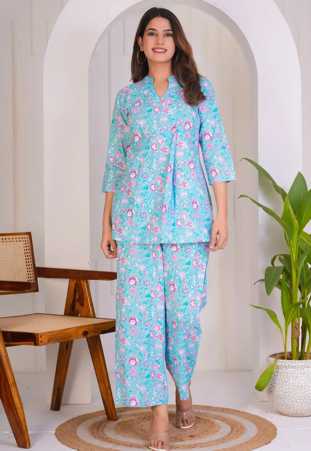 Sky Blue Cotton Printed Co-Ords Set 302984