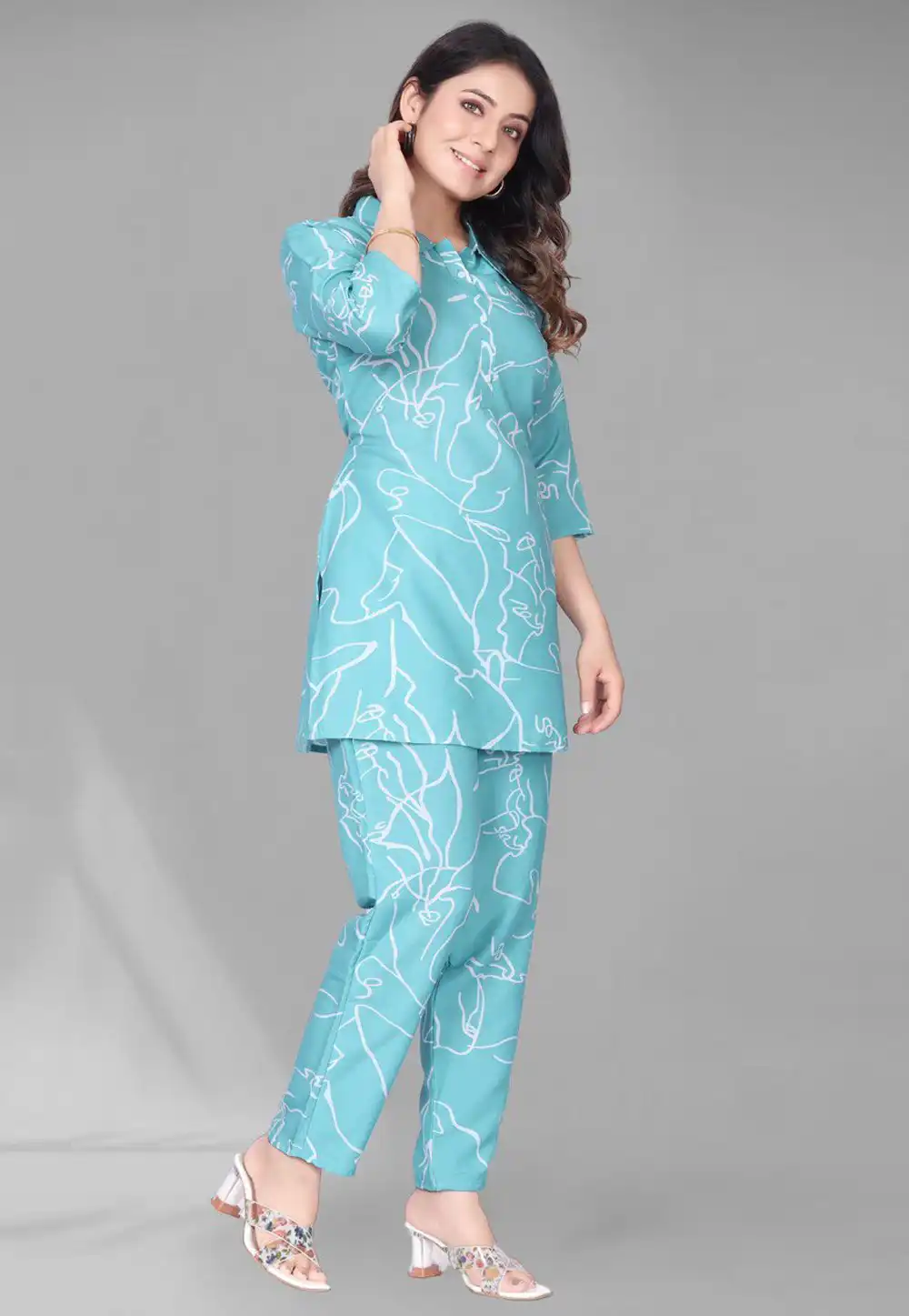 Sky Blue Cotton Printed Co-Ords Set 291375