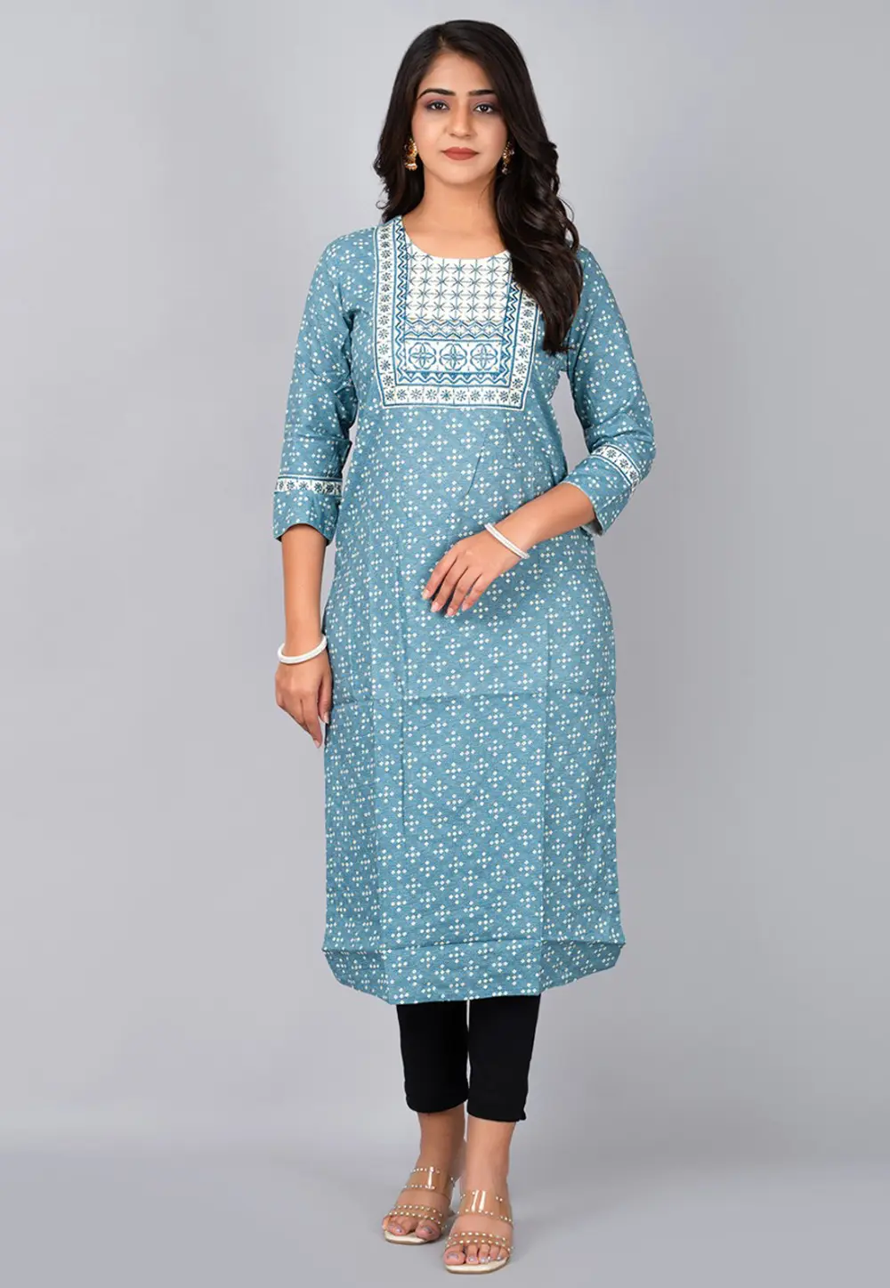 Sky Blue Cotton Printed Long Tunic 302774