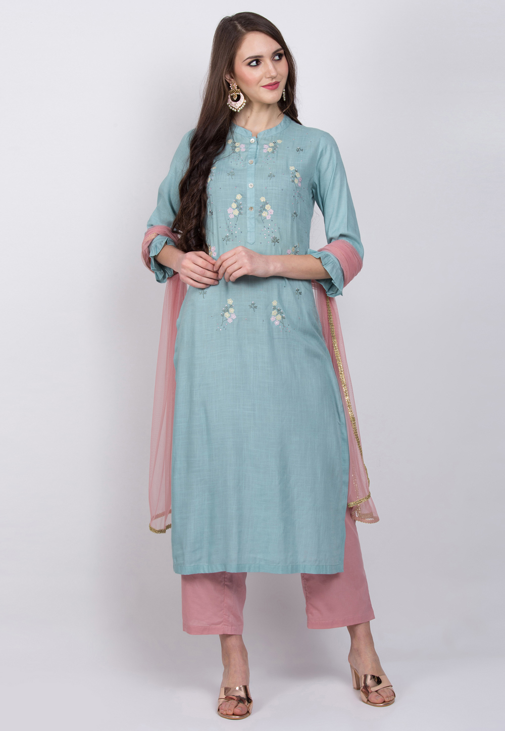 Sky Blue Cotton Rayon Readymade Pakistani Suit 305459