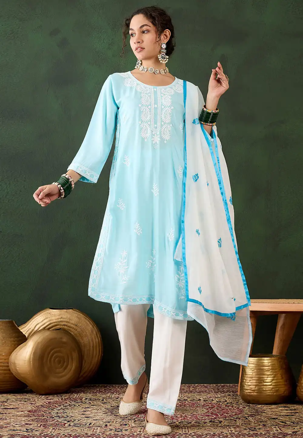 Sky Blue Cotton Rayon Readymade Pakistani Suit 294387