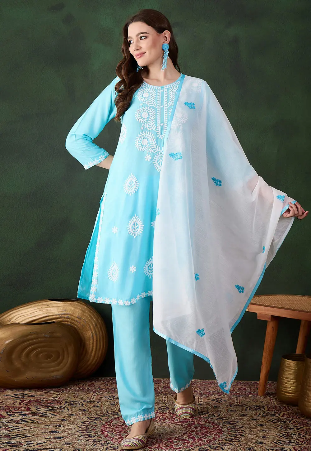 Sky Blue Cotton Rayon Readymade Pant Style Suit 301468