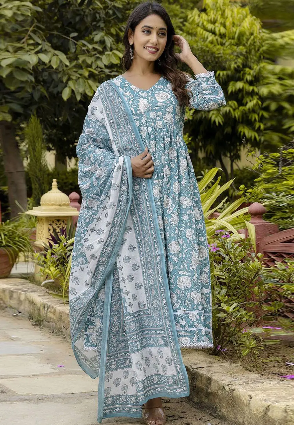 Sky Blue Cotton Readymade Anarkali Suit 296757