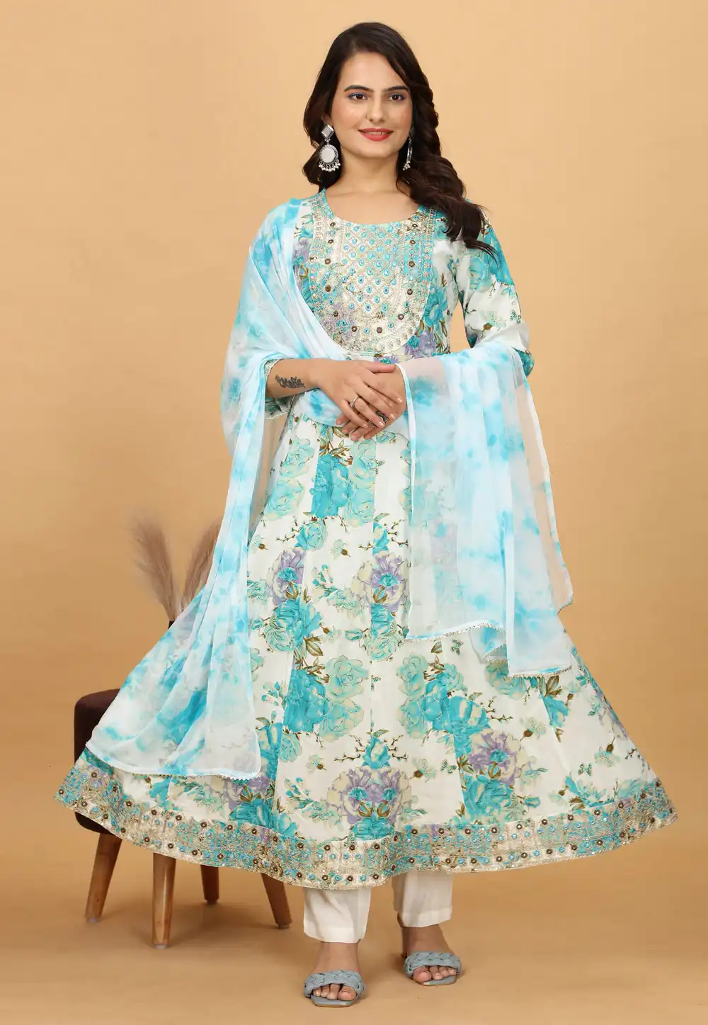 Sky Blue Cotton Readymade Anarkali Suit 294507