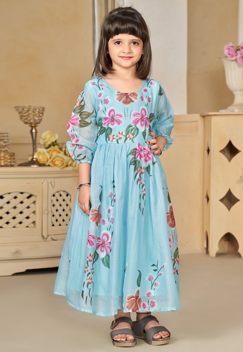 Sky Blue Cotton Readymade Kids Gown 284483