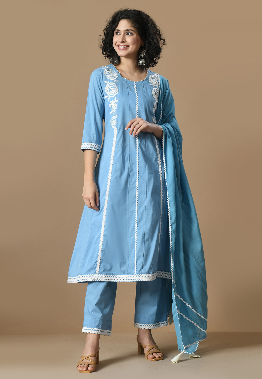 Sky Blue Cotton Readymade Pakistani Suit 305445