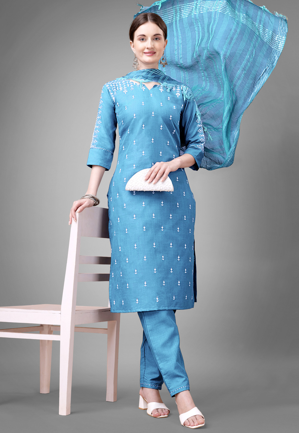 Sky Blue Cotton Readymade Pakistani Suit 279251