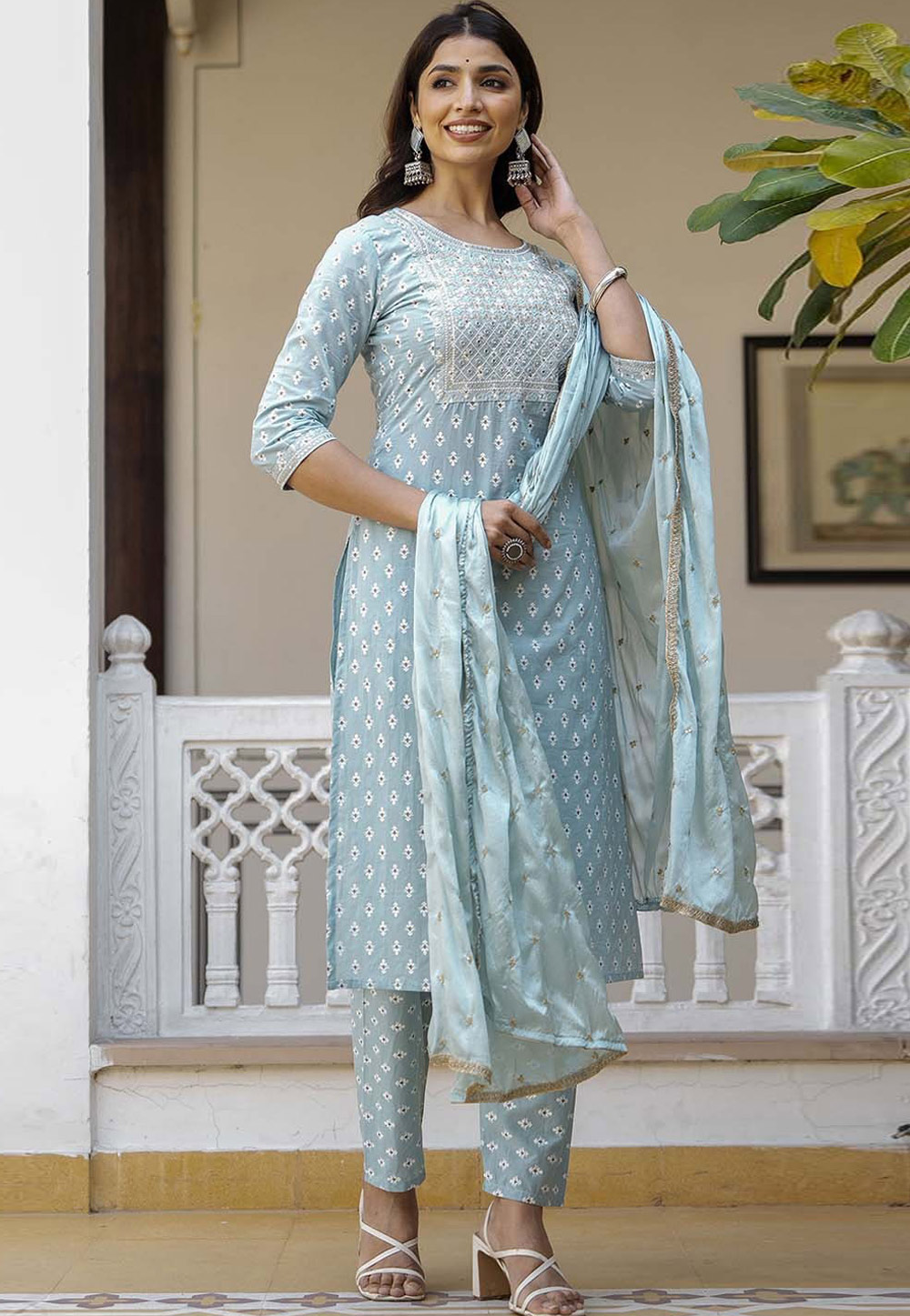 Sky Blue Cotton Readymade Pakistani Suit 283054