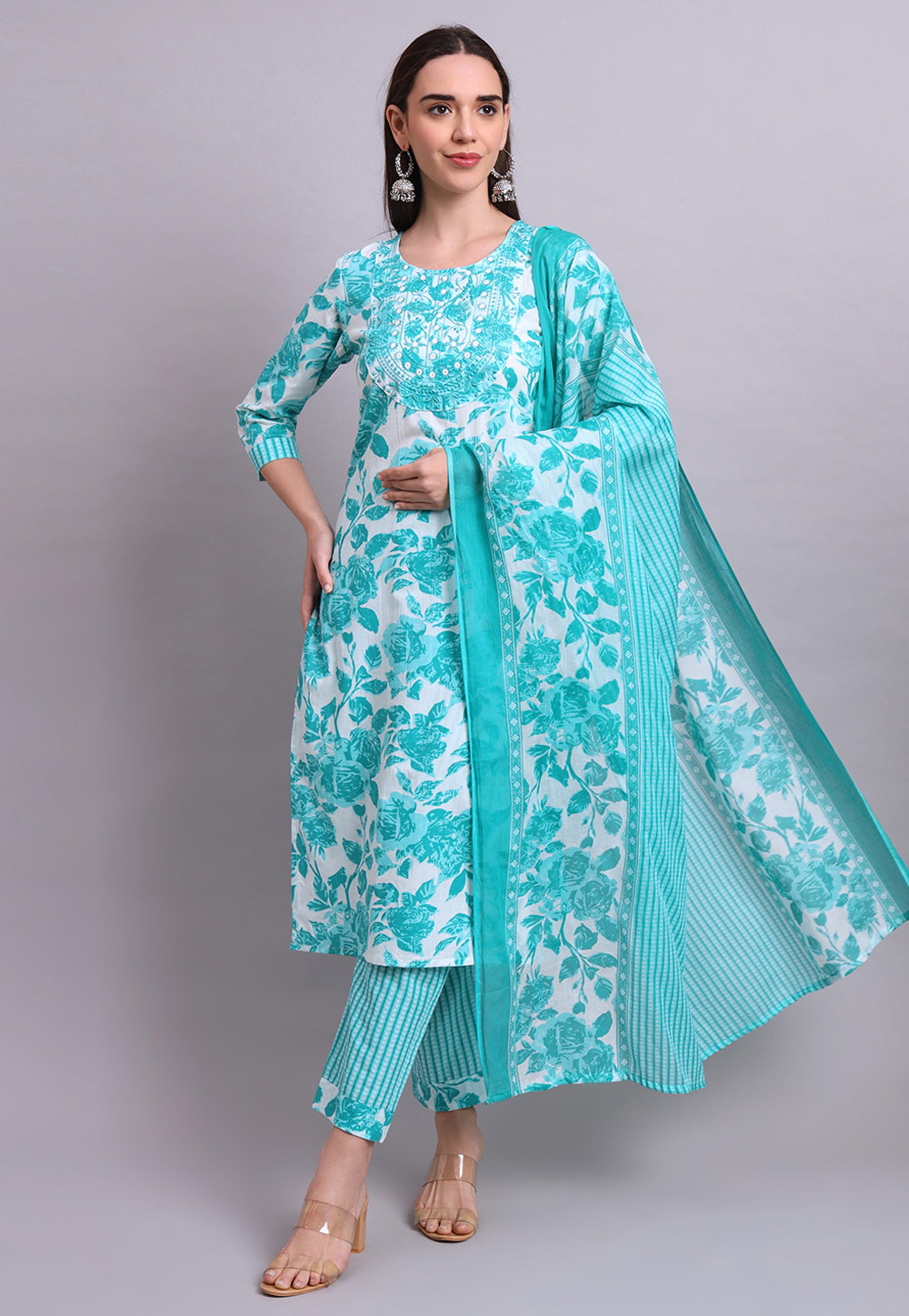 Sky Blue Cotton Readymade Pakistani Suit 309655