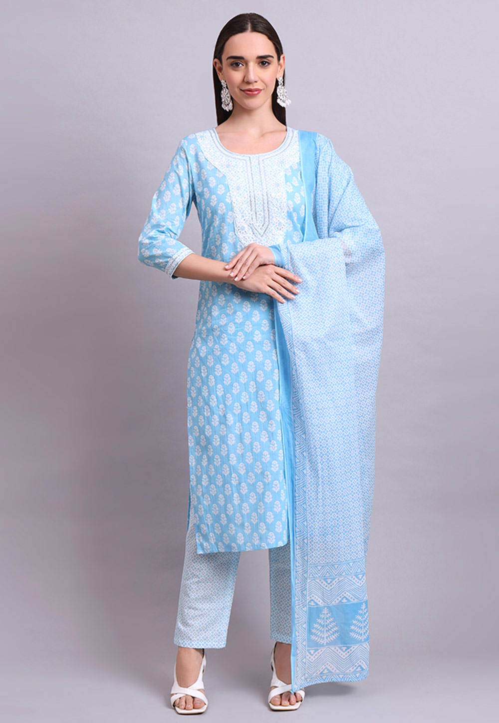 Sky Blue Cotton Readymade Pakistani Suit 309657