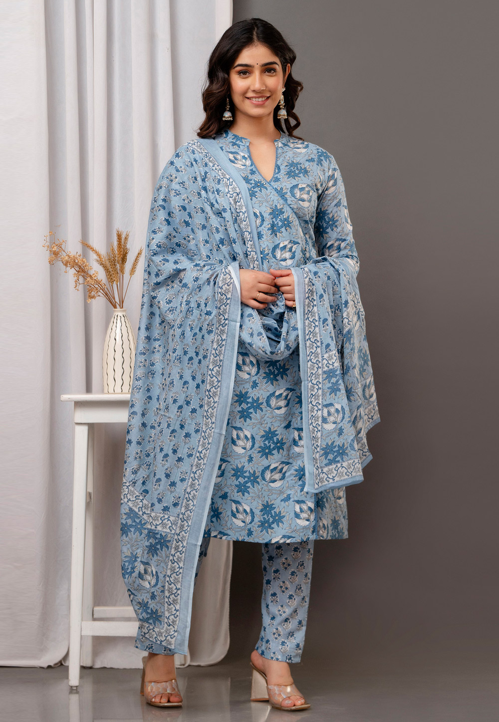 Sky Blue Cotton Readymade Pakistani Suit 285713