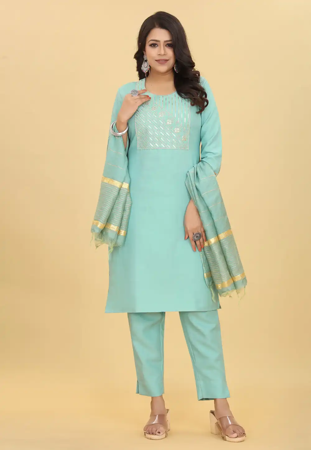 Sky Blue Cotton Readymade Pakistani Suit 288498