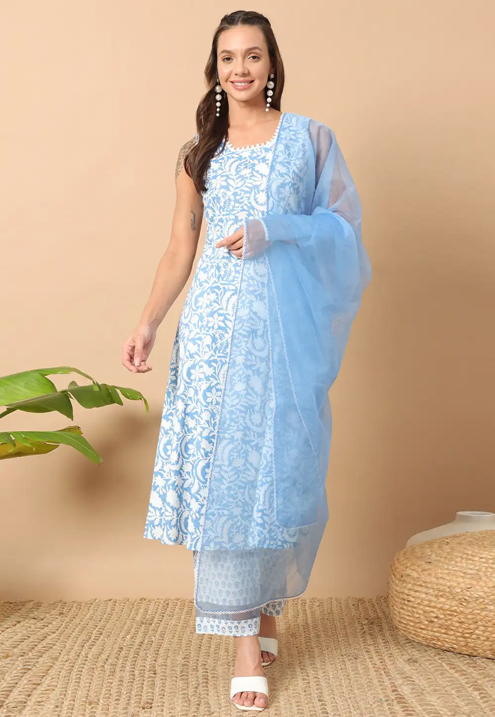 Sky Blue Cotton Readymade Pakistani Suit 291867