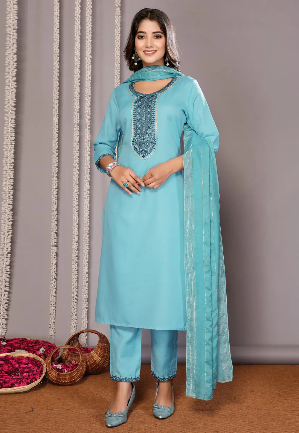 Sky Blue Cotton Readymade Pakistani Suit 303224