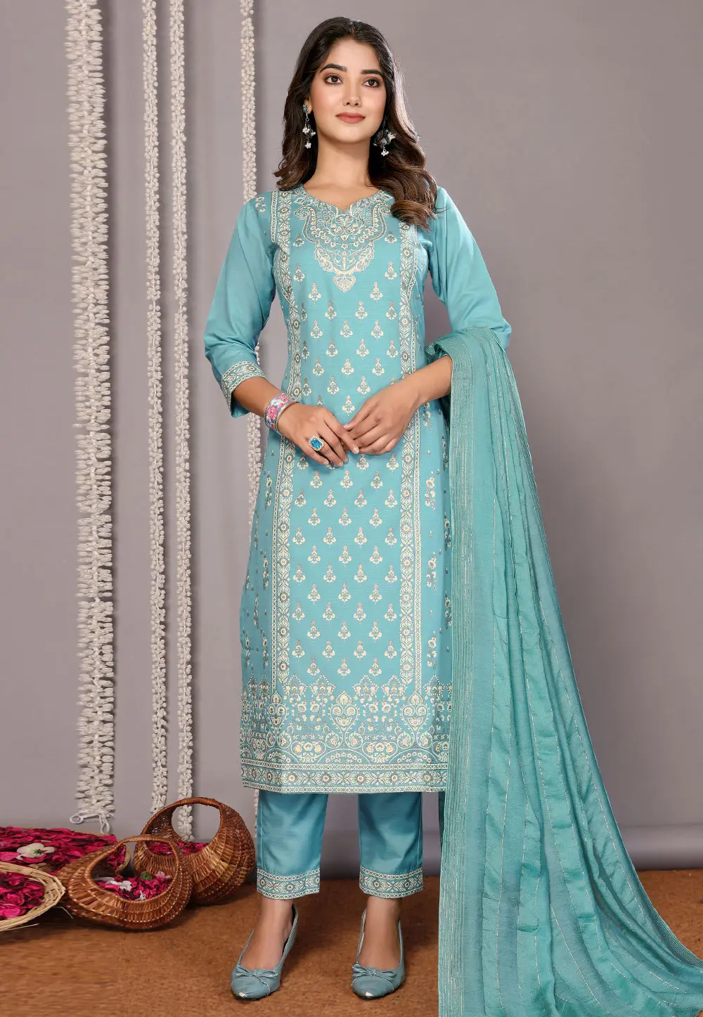 Sky Blue Cotton Readymade Pakistani Suit 303228