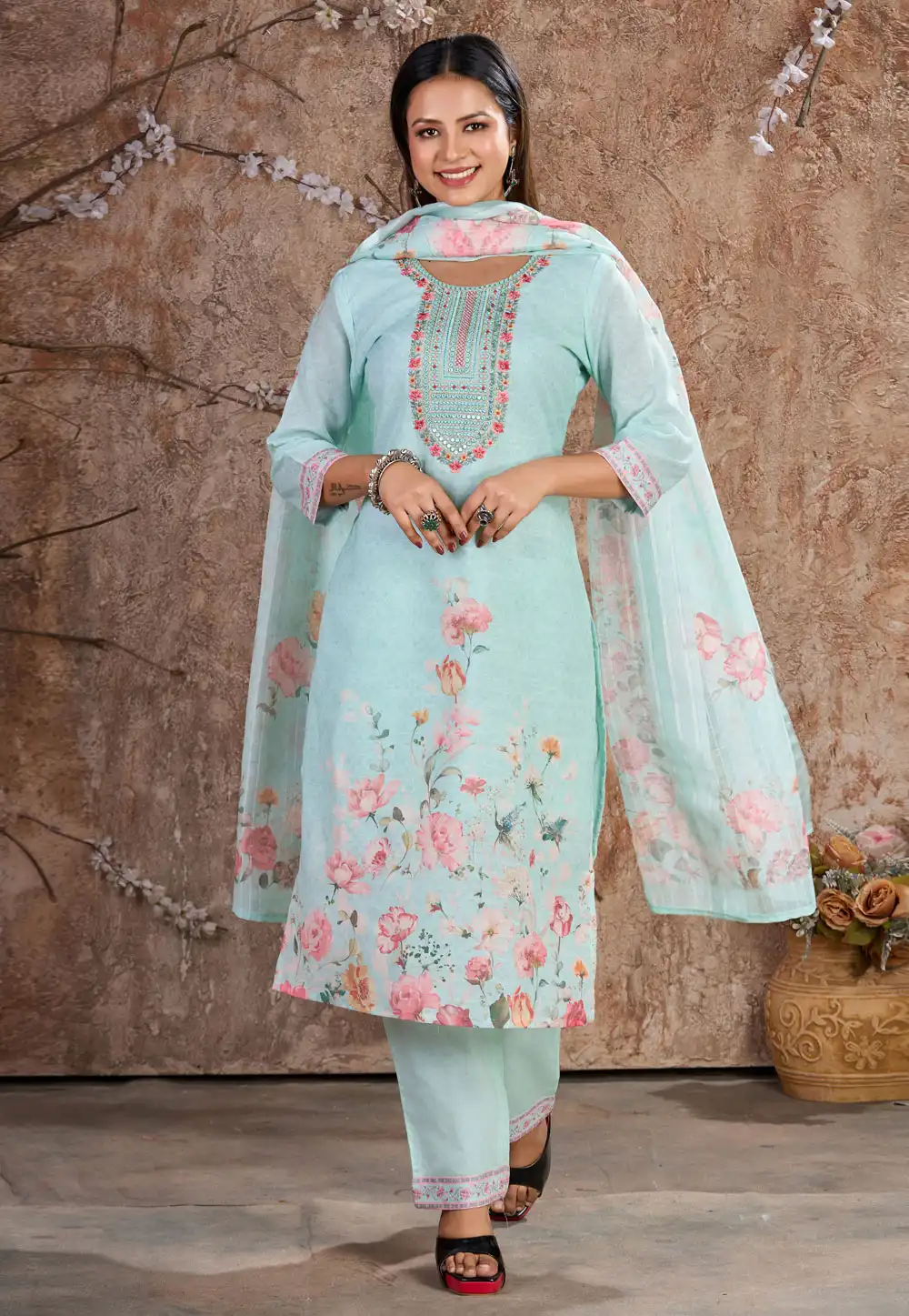 Sky Blue Cotton Readymade Pakistani Suit 289179