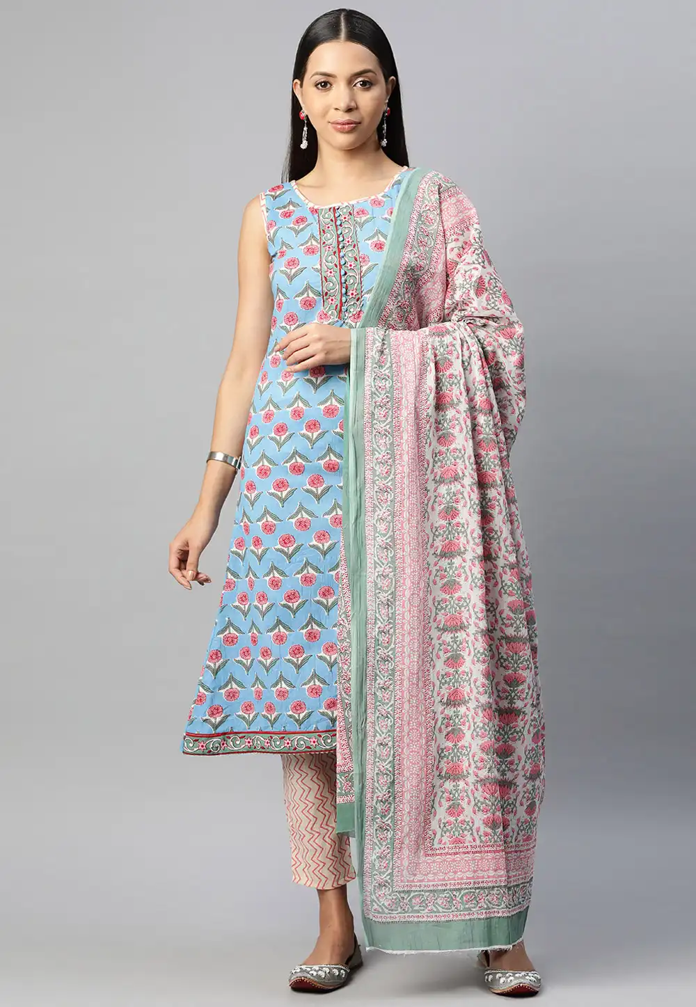 Sky Blue Cotton Readymade Pakistani Suit 292649