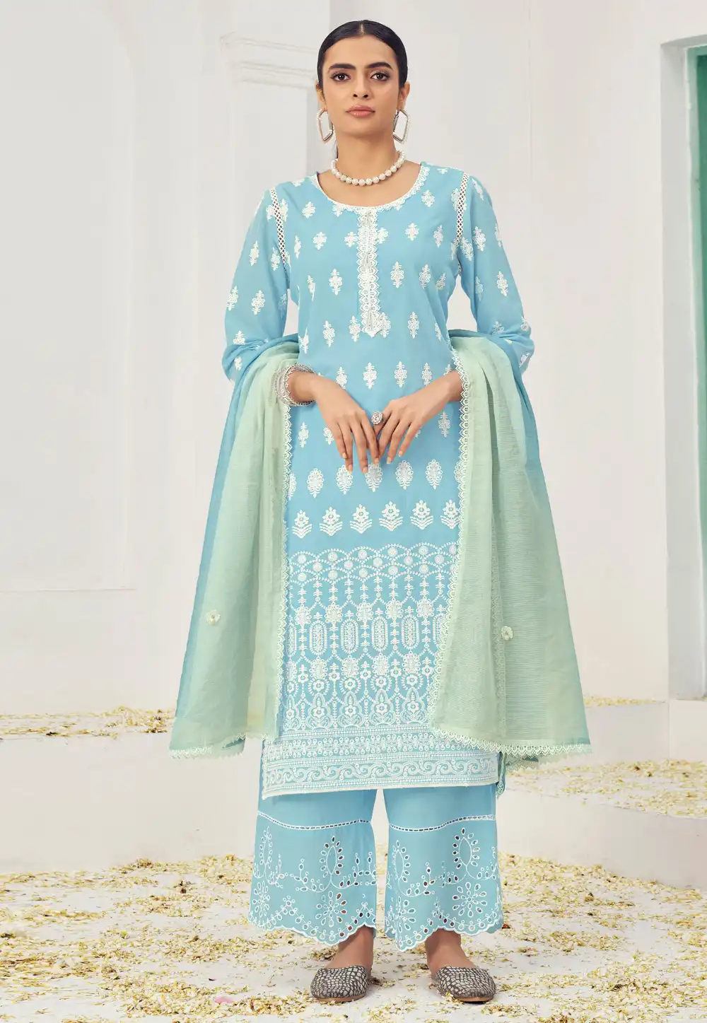 Sky Blue Cotton Readymade Palazzo Suit 288486