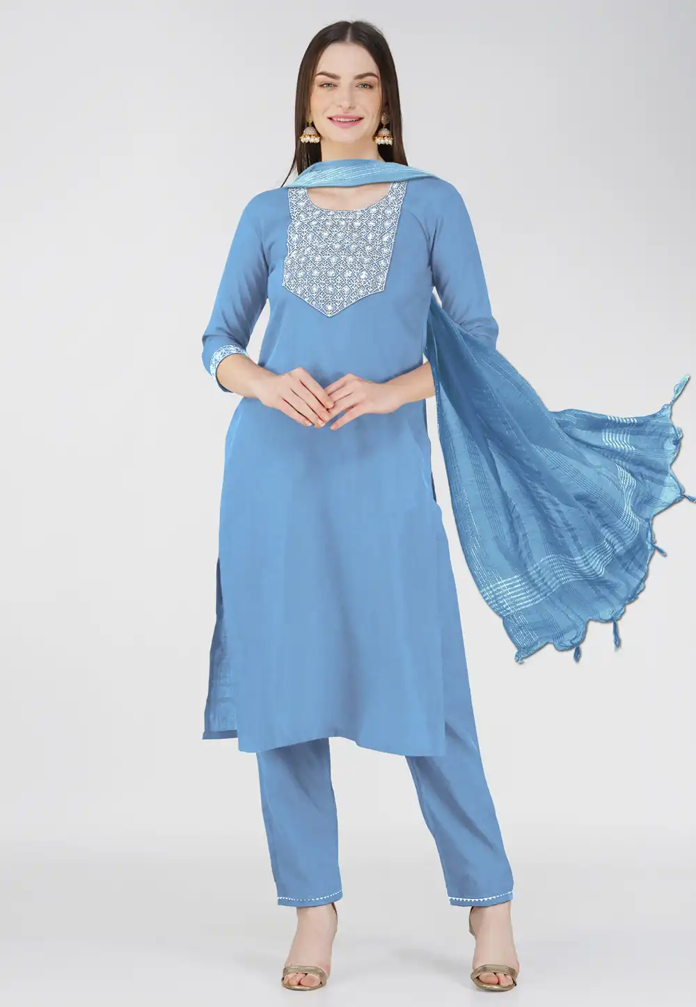 Sky Blue Cotton Readymade Pant Style Suit 290618