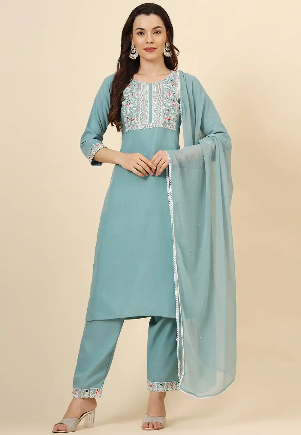 Sky Blue Cotton Readymade Pant Style Suit 293455