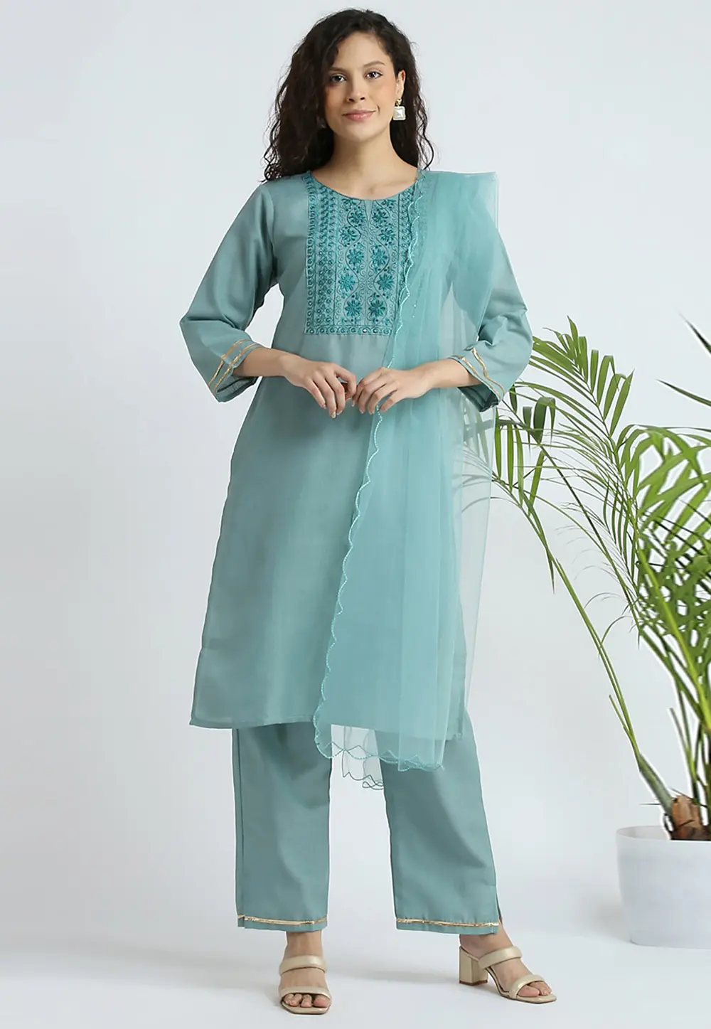 Sky Blue Cotton Readymade Pant Style Suit 301169