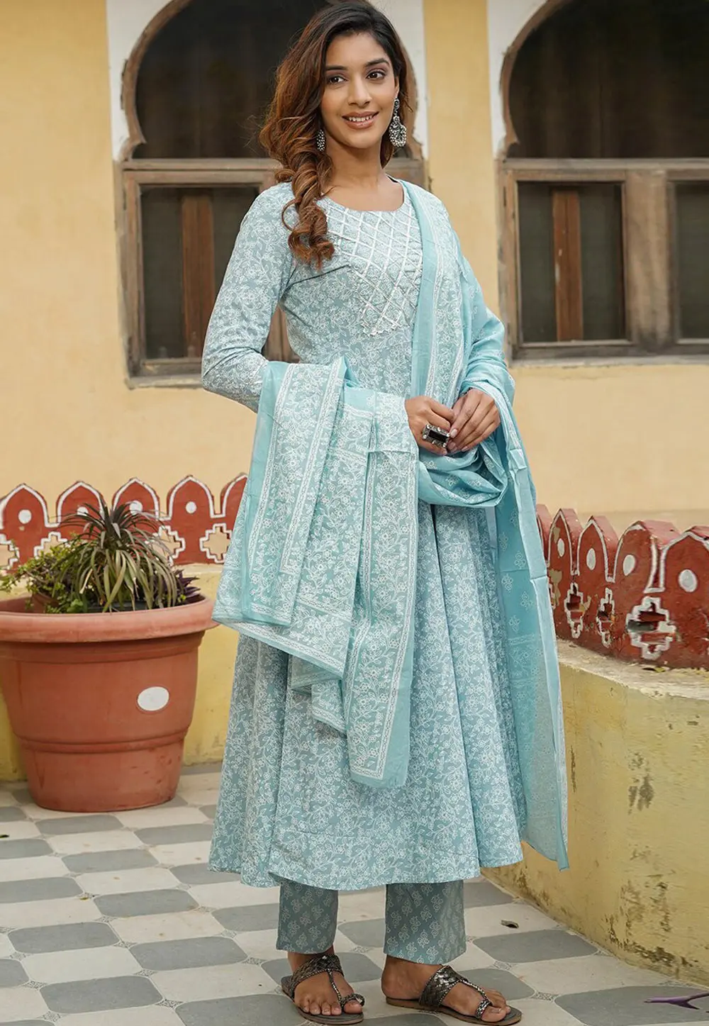 Sky Blue Cotton Readymade Pant Style Suit 302890