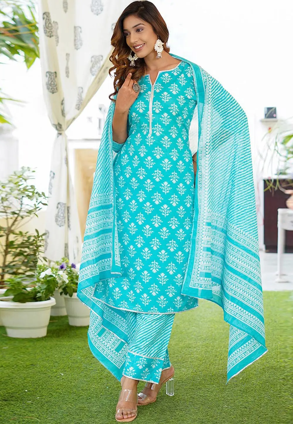 Sky Blue Cotton Readymade Pant Style Suit 303868