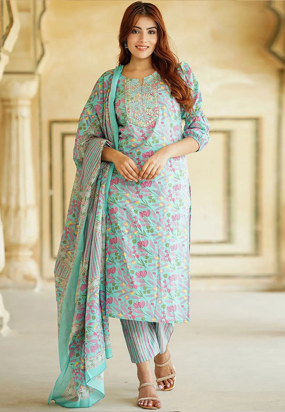 Sky Blue Cotton Readymade Pant Style Suit 303878