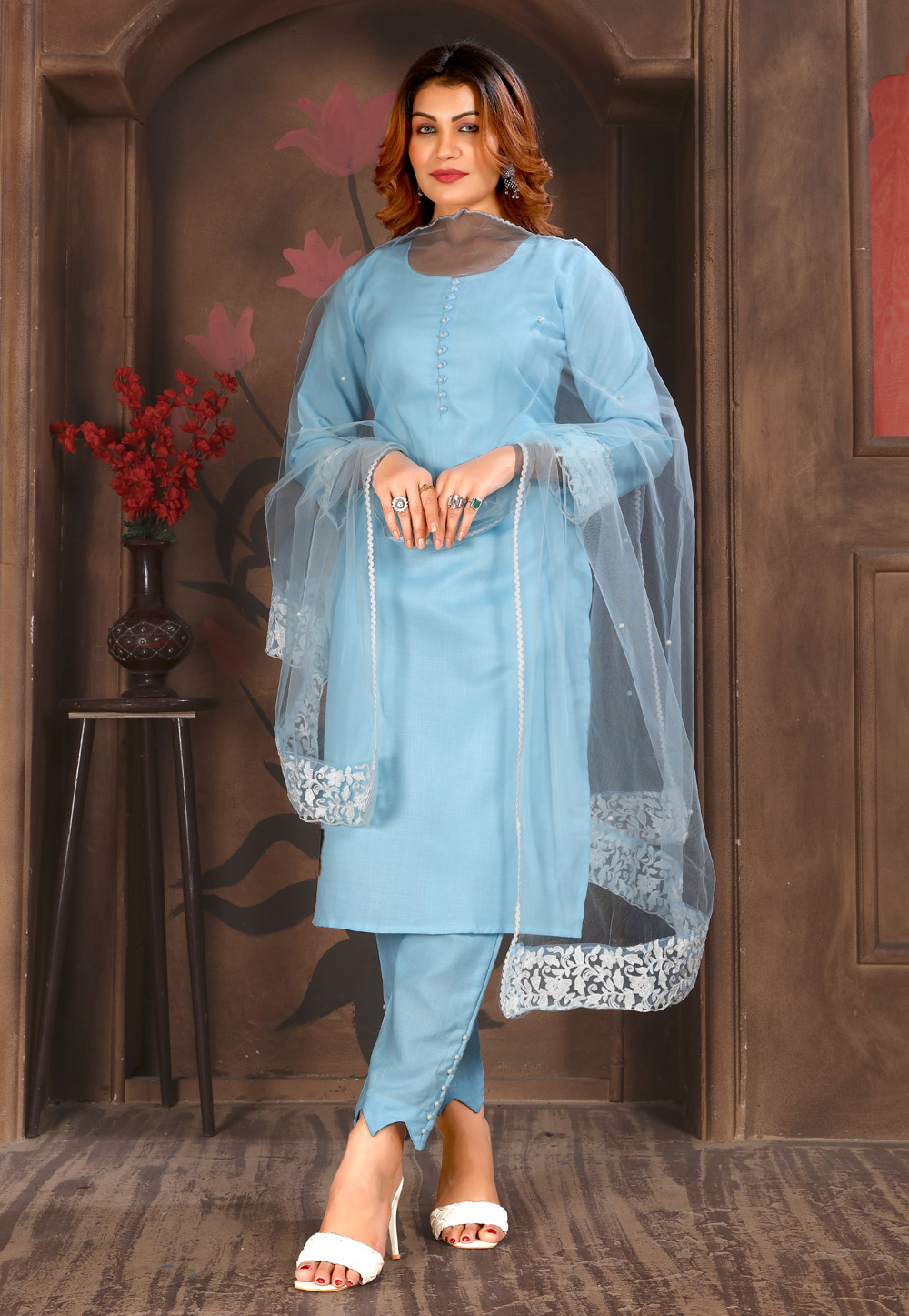 Sky Blue Cotton Readymade Pant Style Suit 285173