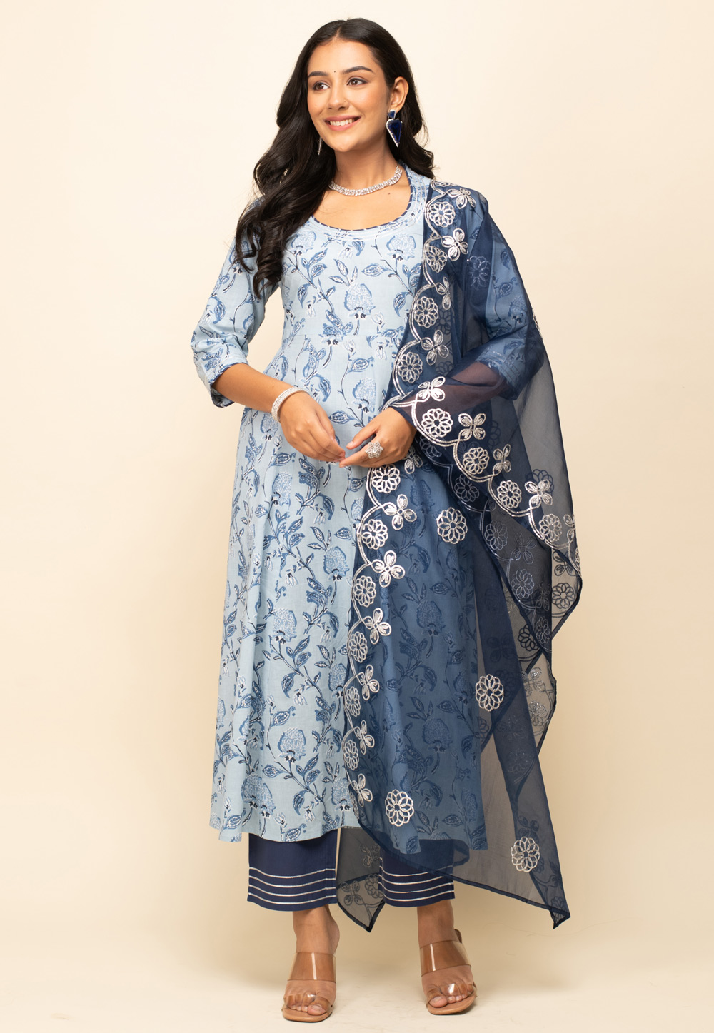 Sky Blue Cotton Readymade Pant Style Suit 279295