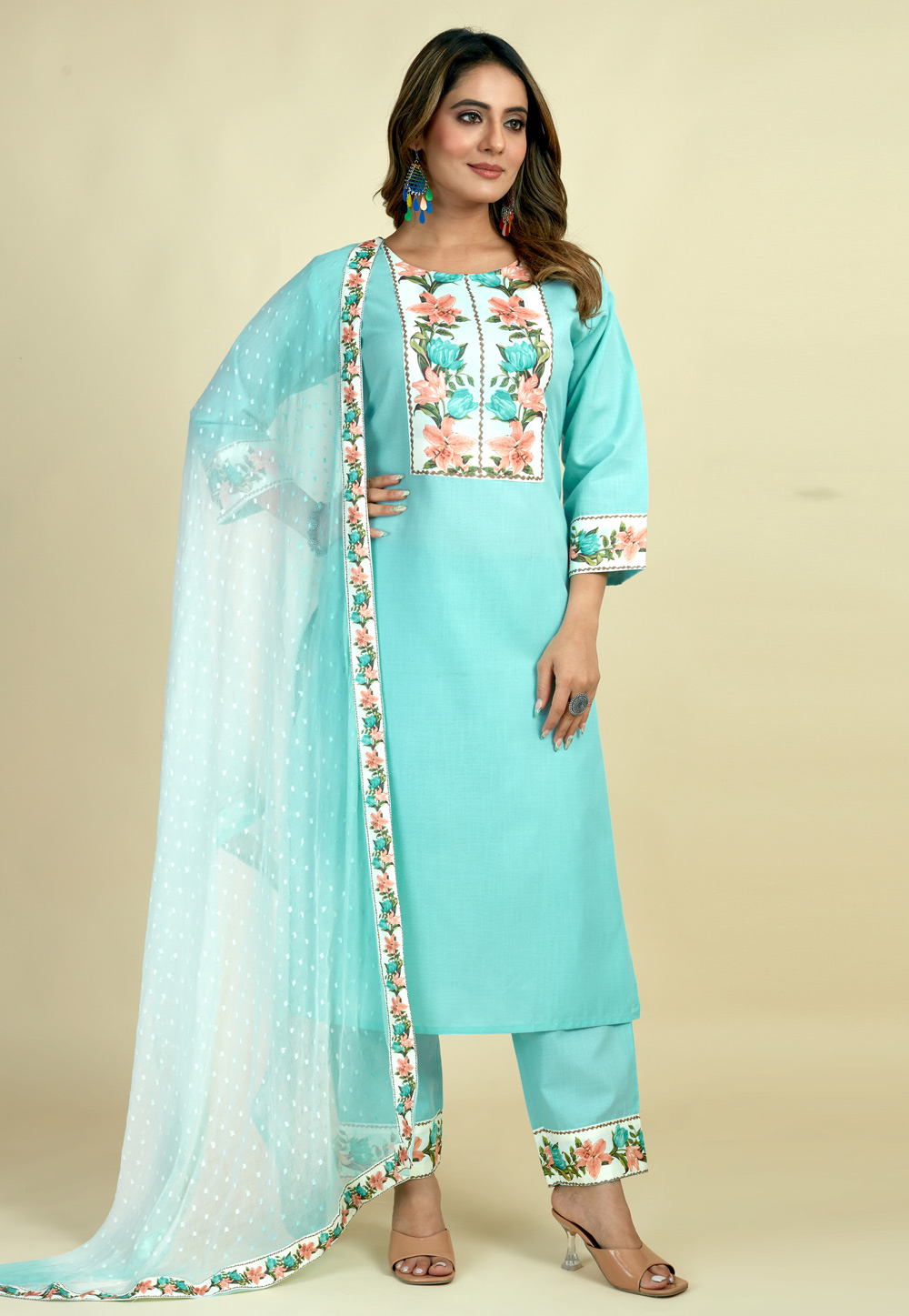 Sky Blue Cotton Readymade Pant Style Suit 284220