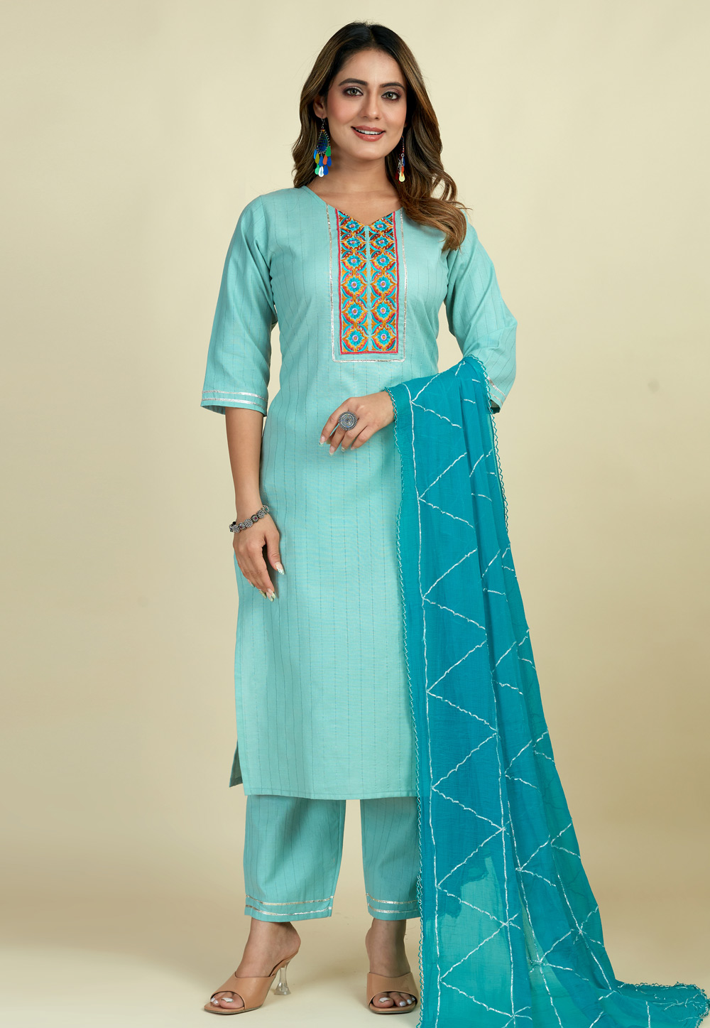 Sky Blue Cotton Readymade Pant Style Suit 284222