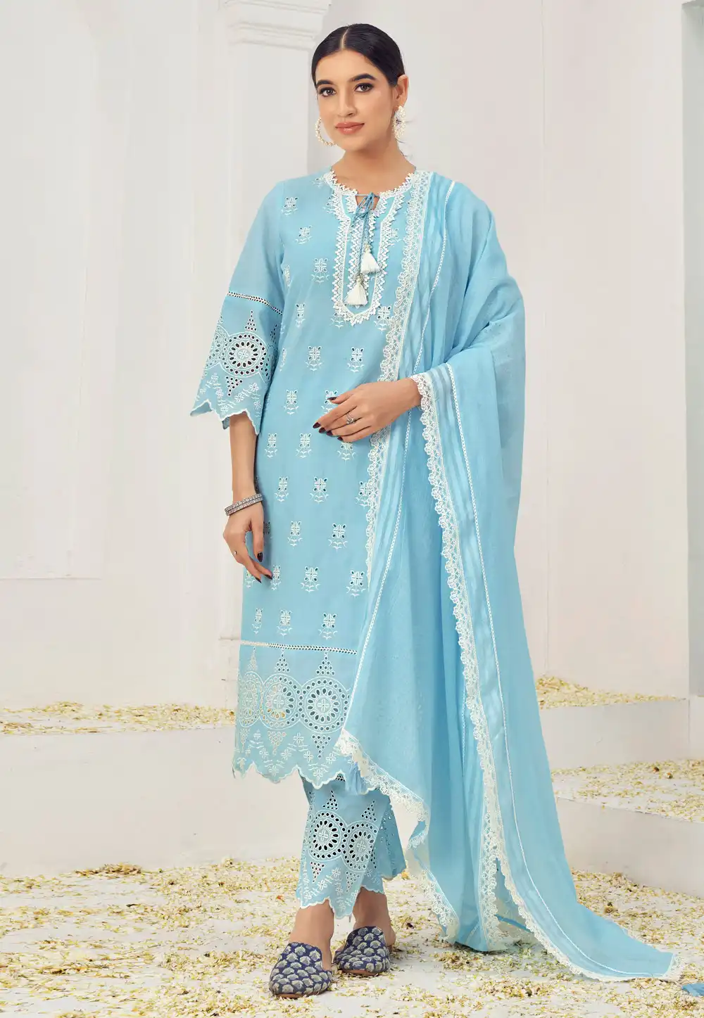 Sky Blue Cotton Readymade Pant Style Suit 288487