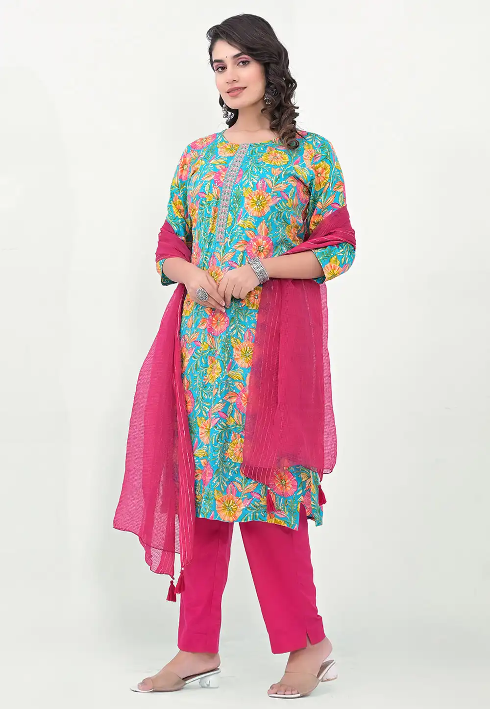 Sky Blue Cotton Readymade Pant Style Suit 290394