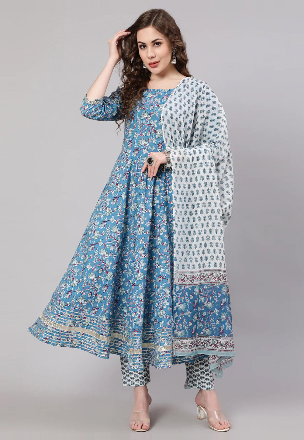 Sky Blue Cotton Readymade Pant Style Suit 282146