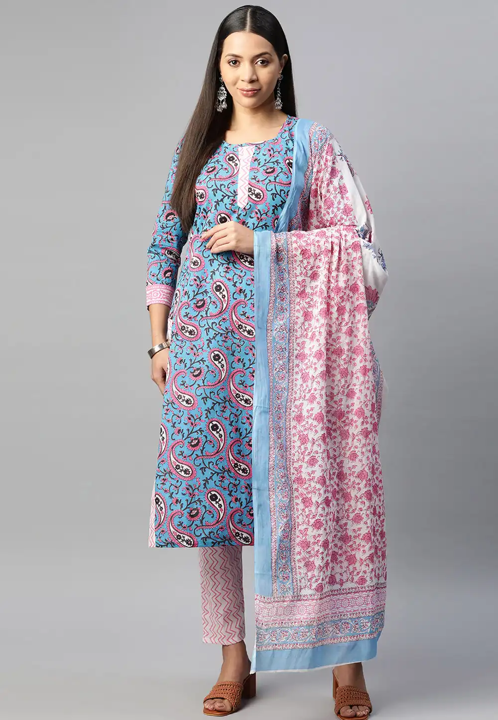 Sky Blue Cotton Readymade Pant Style Suit 292616