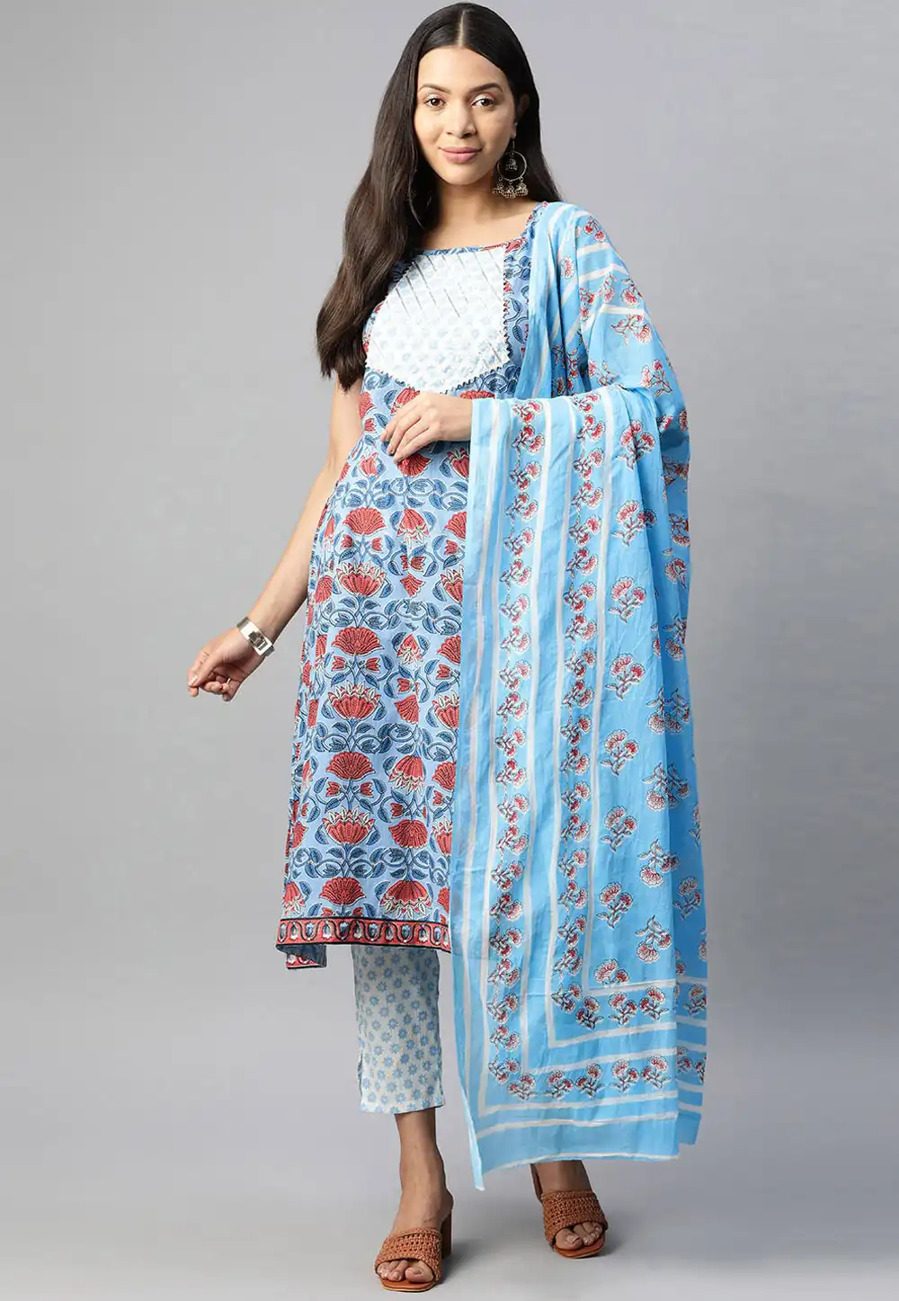 Sky Blue Cotton Readymade Pant Style Suit 292634