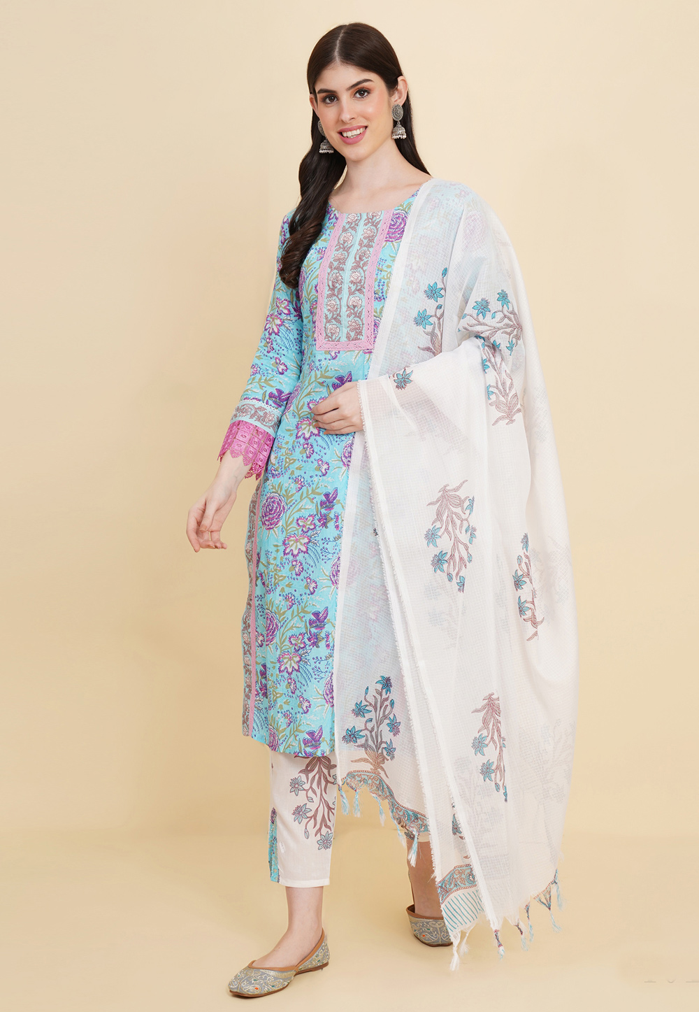 Sky Blue Cotton Readymade Pant Style Suit 285140