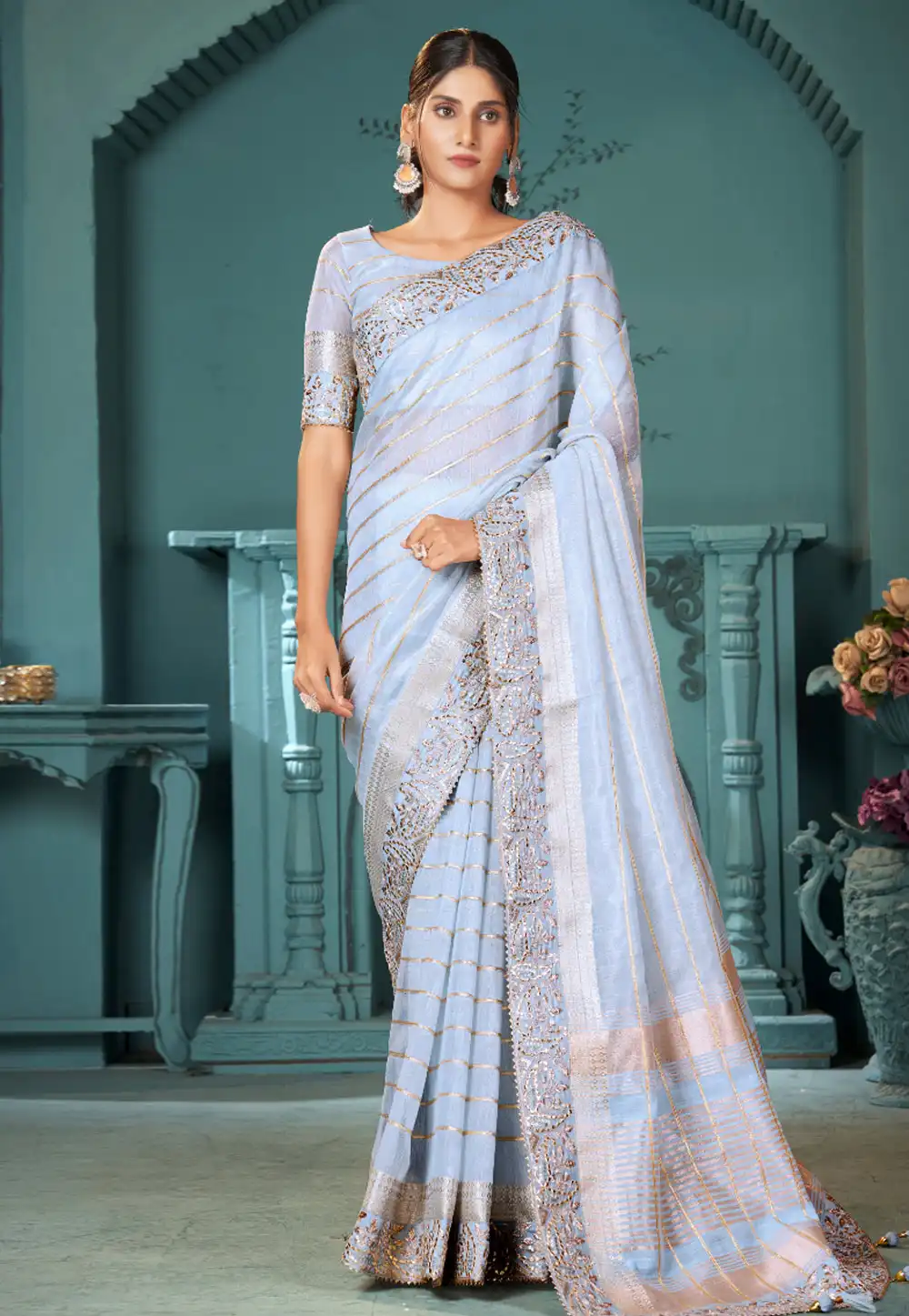 Sky Blue Cotton Saree With Blouse 290687