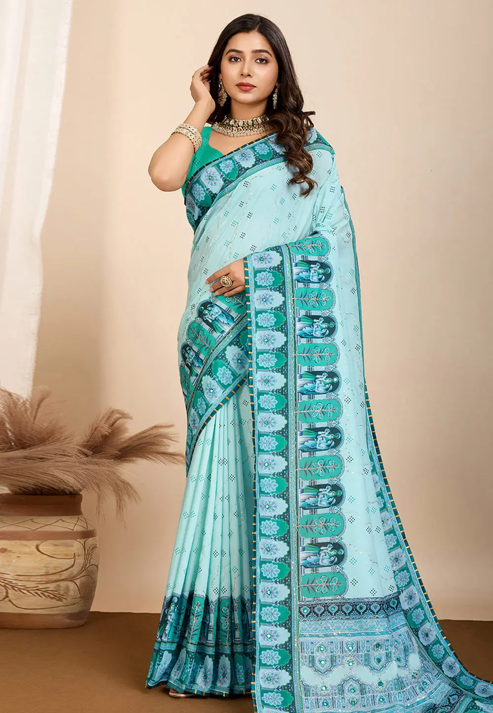 Sky Blue Cotton Saree With Blouse 304518