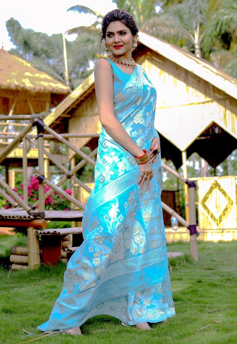 Sky Blue Cotton Saree With Blouse 286123