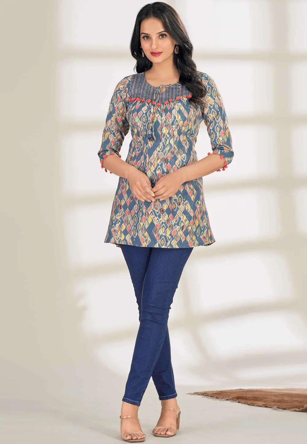 Sky Blue Cotton Short Kurti 302413