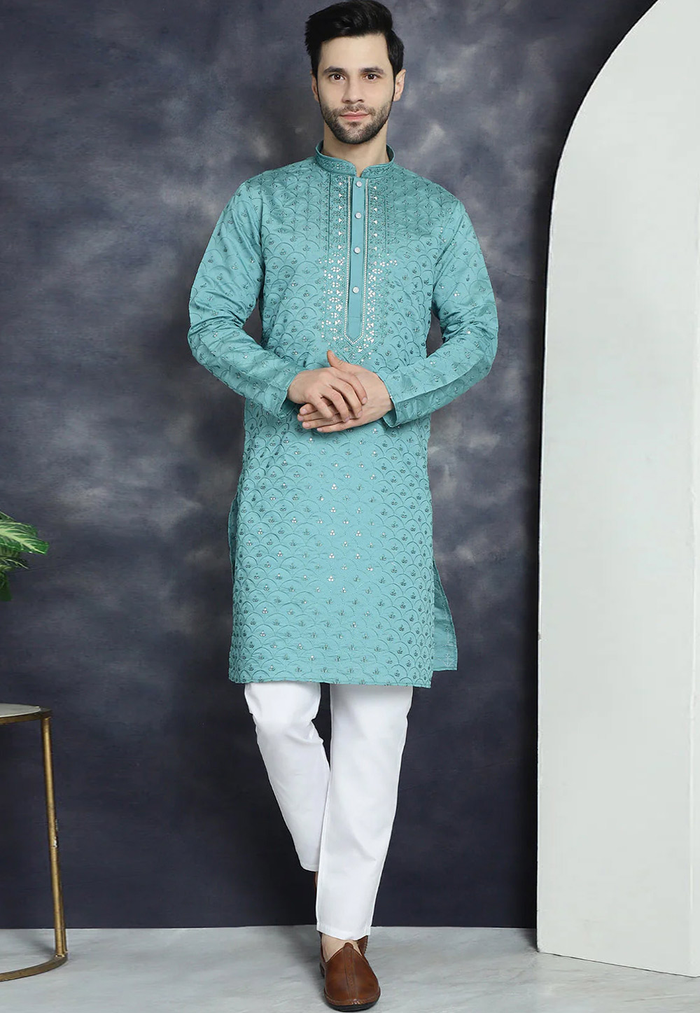 Sky Blue Cotton Silk Kurta Pajama 287506